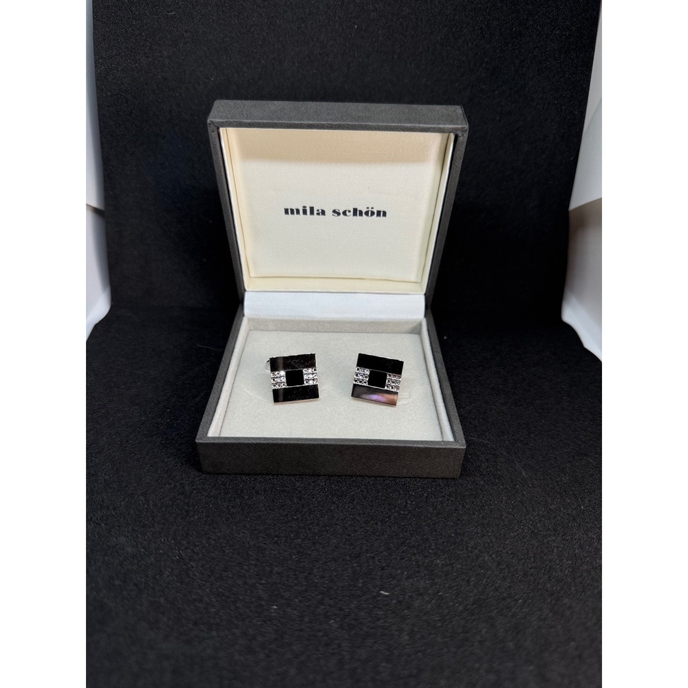 Mila Schön Cufflinks Tie Tack Set of 2 Vintage Gold Tone Black Square - Picture 3 of 10